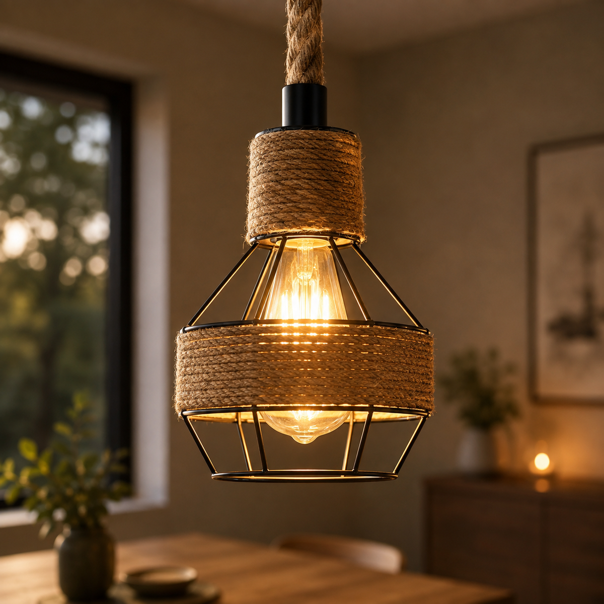 Lustre Industriel Vintage en Corde de Chanvre