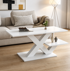 Table Basse Moderne Blanche Brillante Base en X & Double Étagère