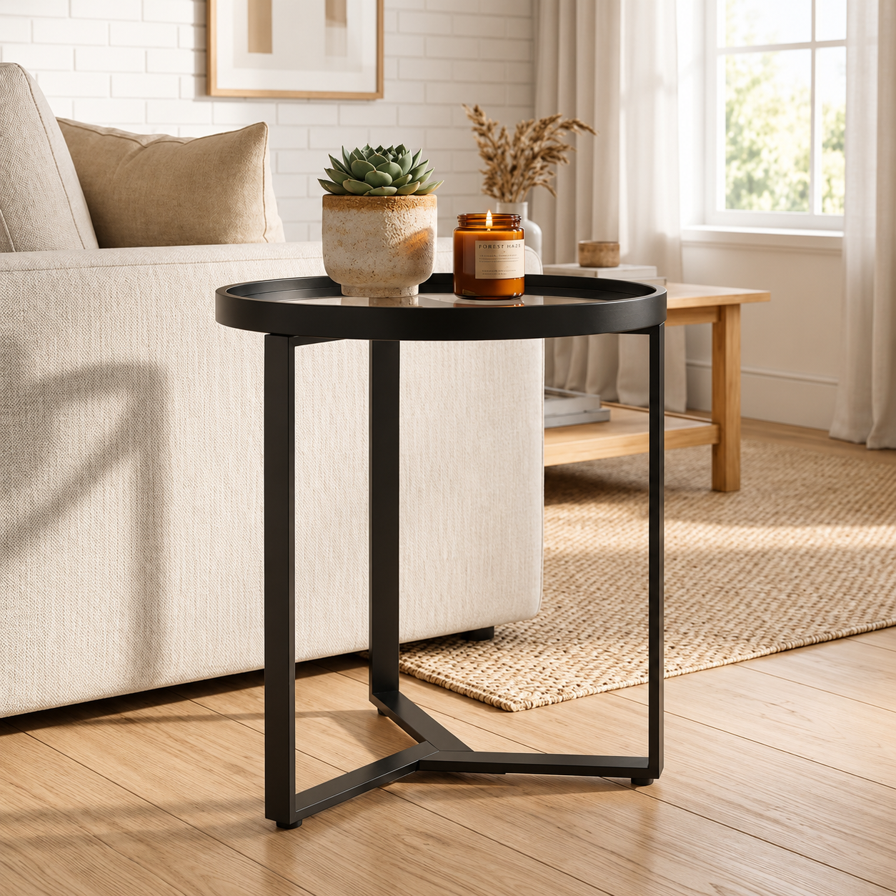 Table d'Appoint Ronde Haut de Gamme – Plateau en Verre Trempé & Structure Géométrique Noire
