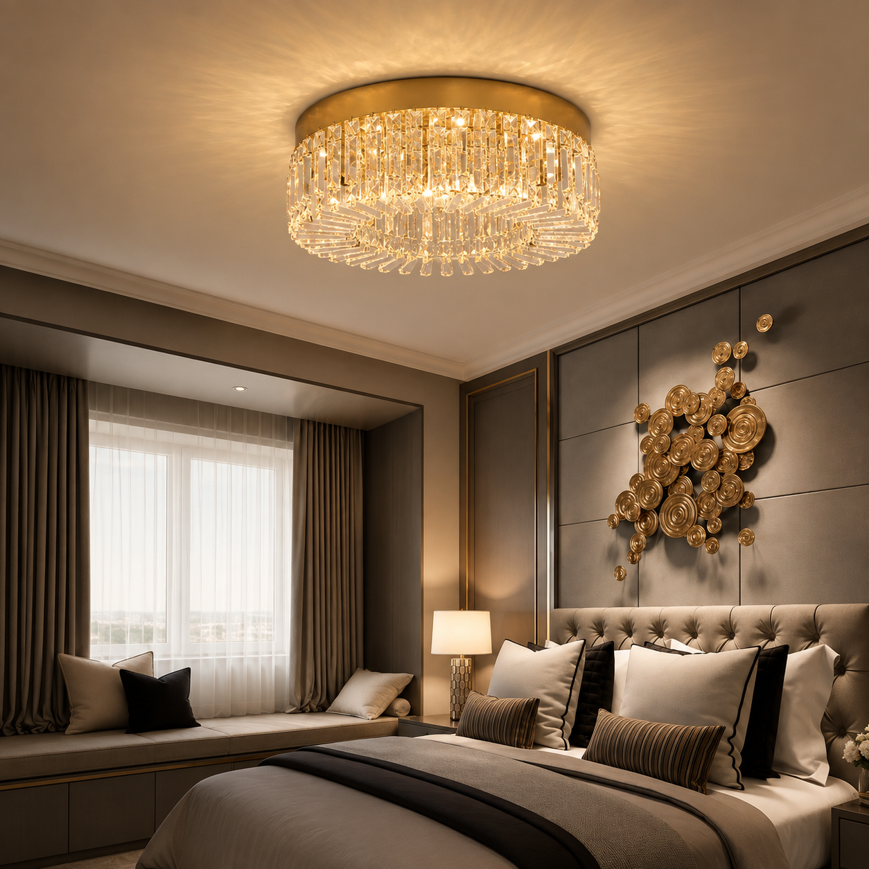 Plafonnier LED Cristal Doré – Élégance Contemporaine