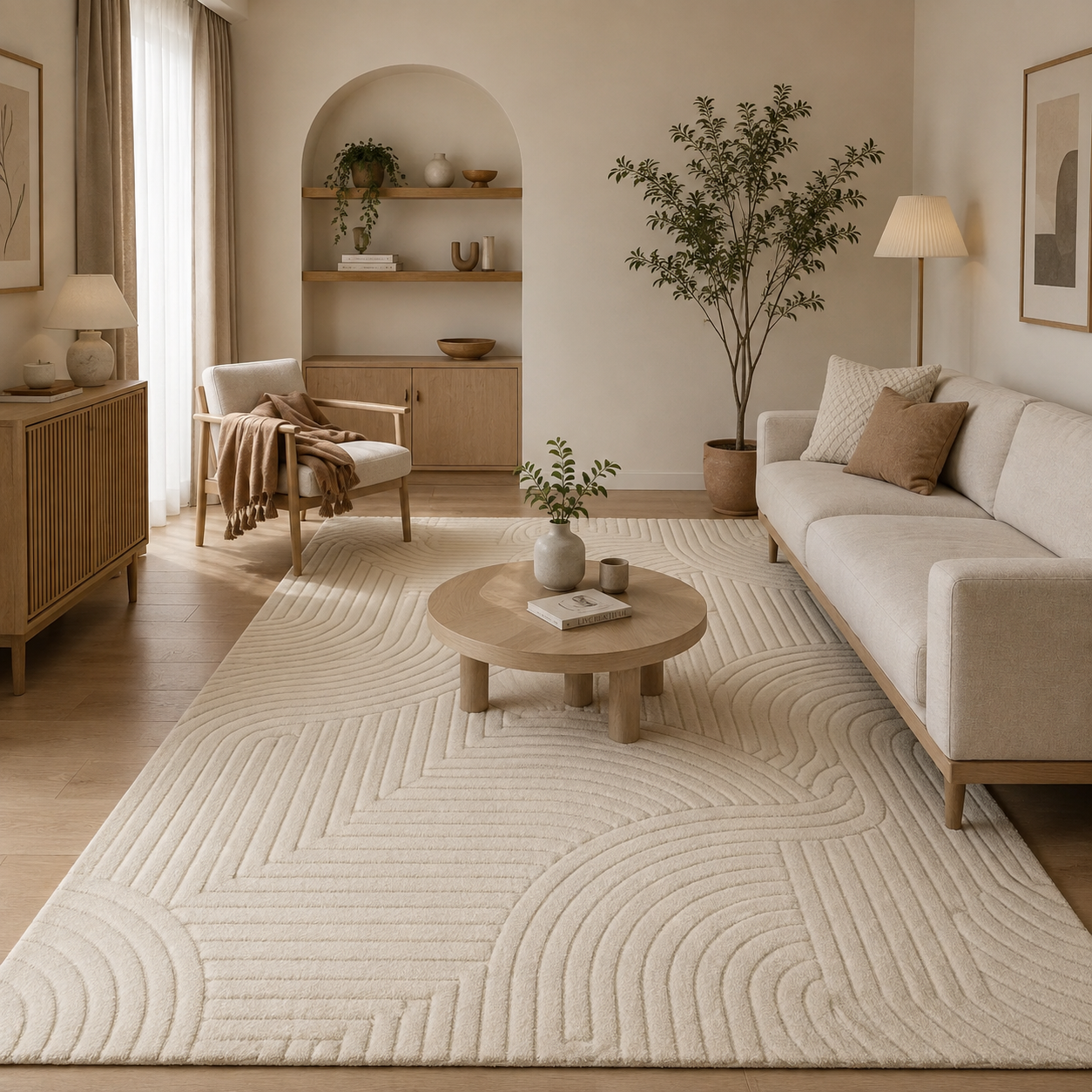 Tapis de Salon Moelleux à Motif Géométrique – Crème