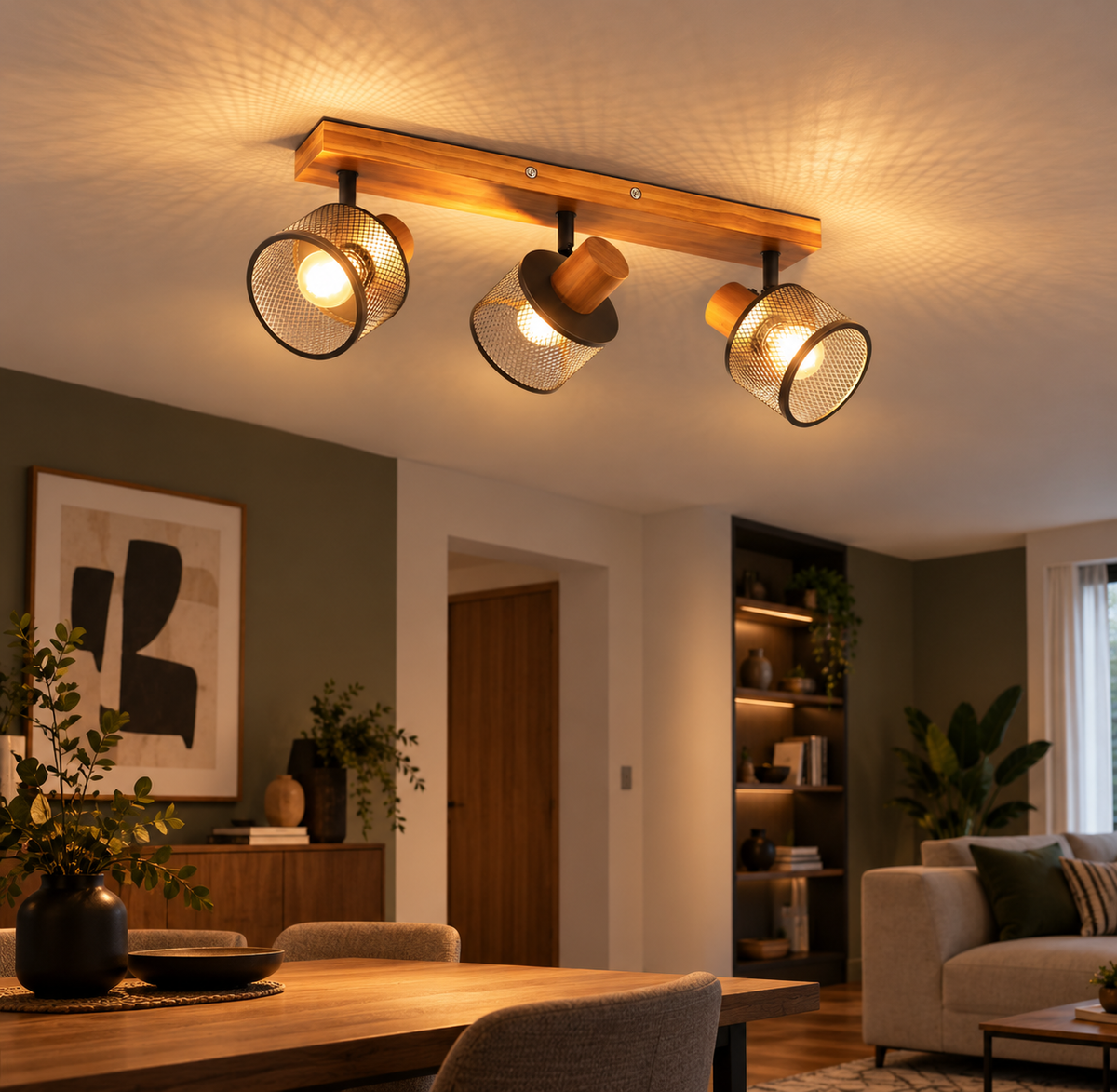 Plafonnier Vintage à 3 Lumières – Bois & Métal