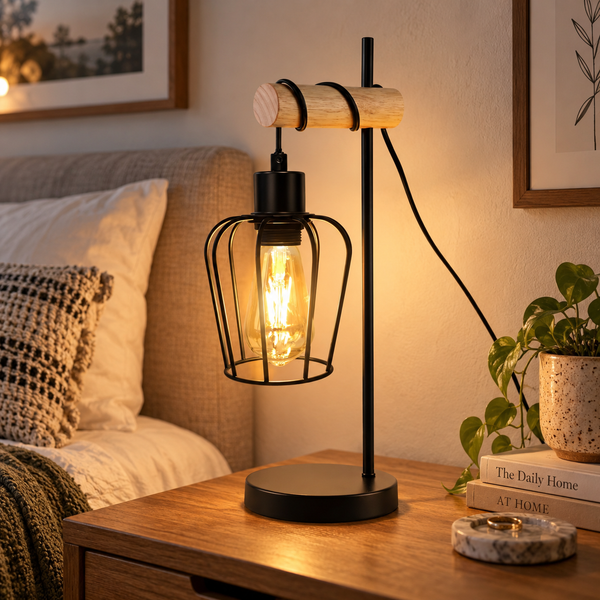 Lampe de Table Vintage en Bois & Métal Noir