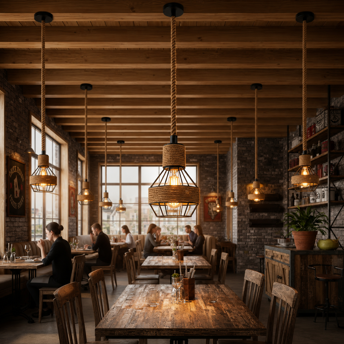 Lustre Industriel Vintage en Corde de Chanvre
