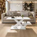 Table Basse Moderne Blanche Brillante Base en X & Double Étagère