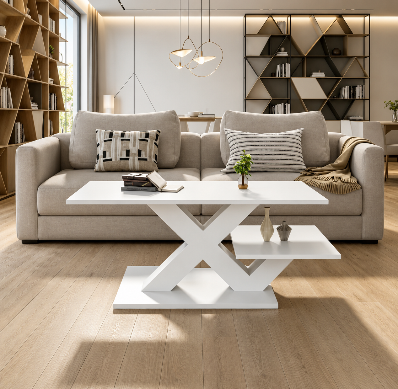 Table Basse Moderne Blanche Brillante Base en X & Double Étagère