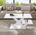 Table Basse Moderne Blanche Brillante Base en X & Double Étagère