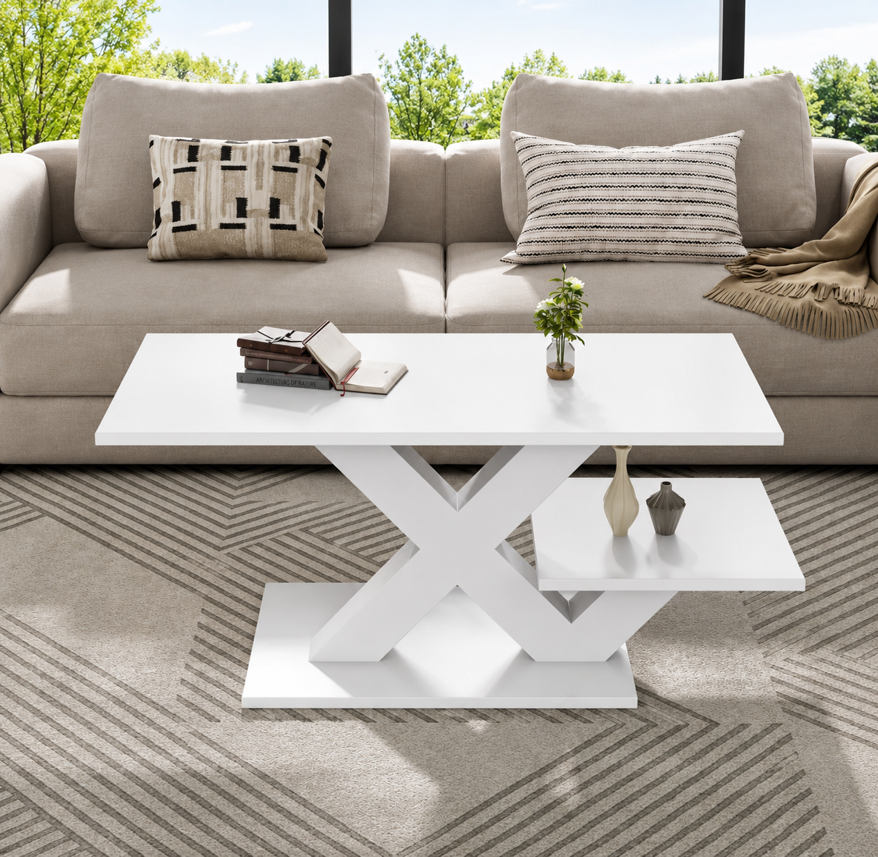 Table Basse Moderne Blanche Brillante Base en X & Double Étagère