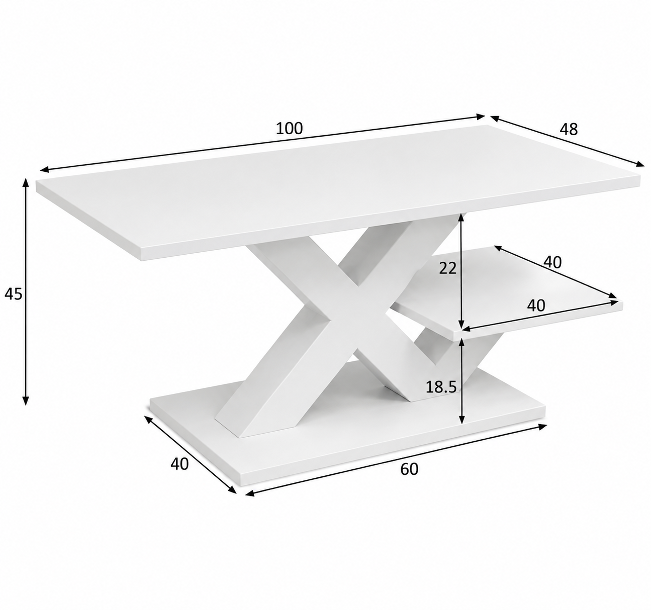 Table Basse Moderne Blanche Brillante Base en X & Double Étagère