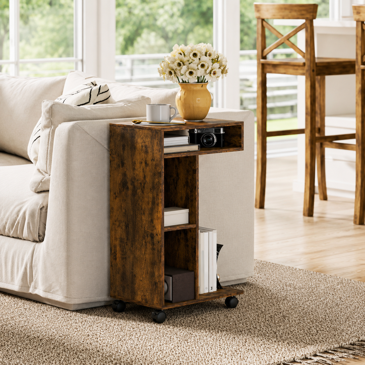 Table d'Appoint en Forme de C – Design Moderne avec Rangements & Roulettes