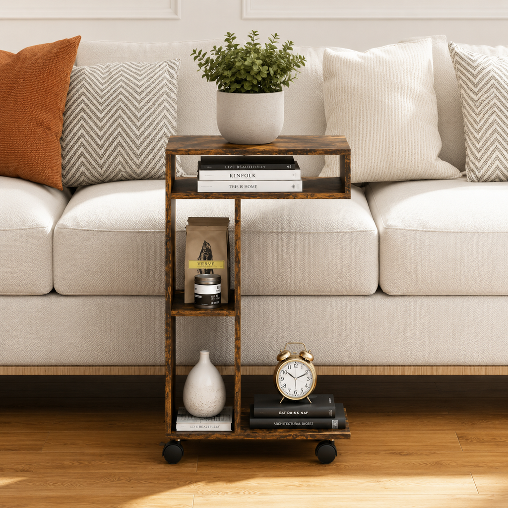 Table d'Appoint en Forme de C – Design Moderne avec Rangements & Roulettes