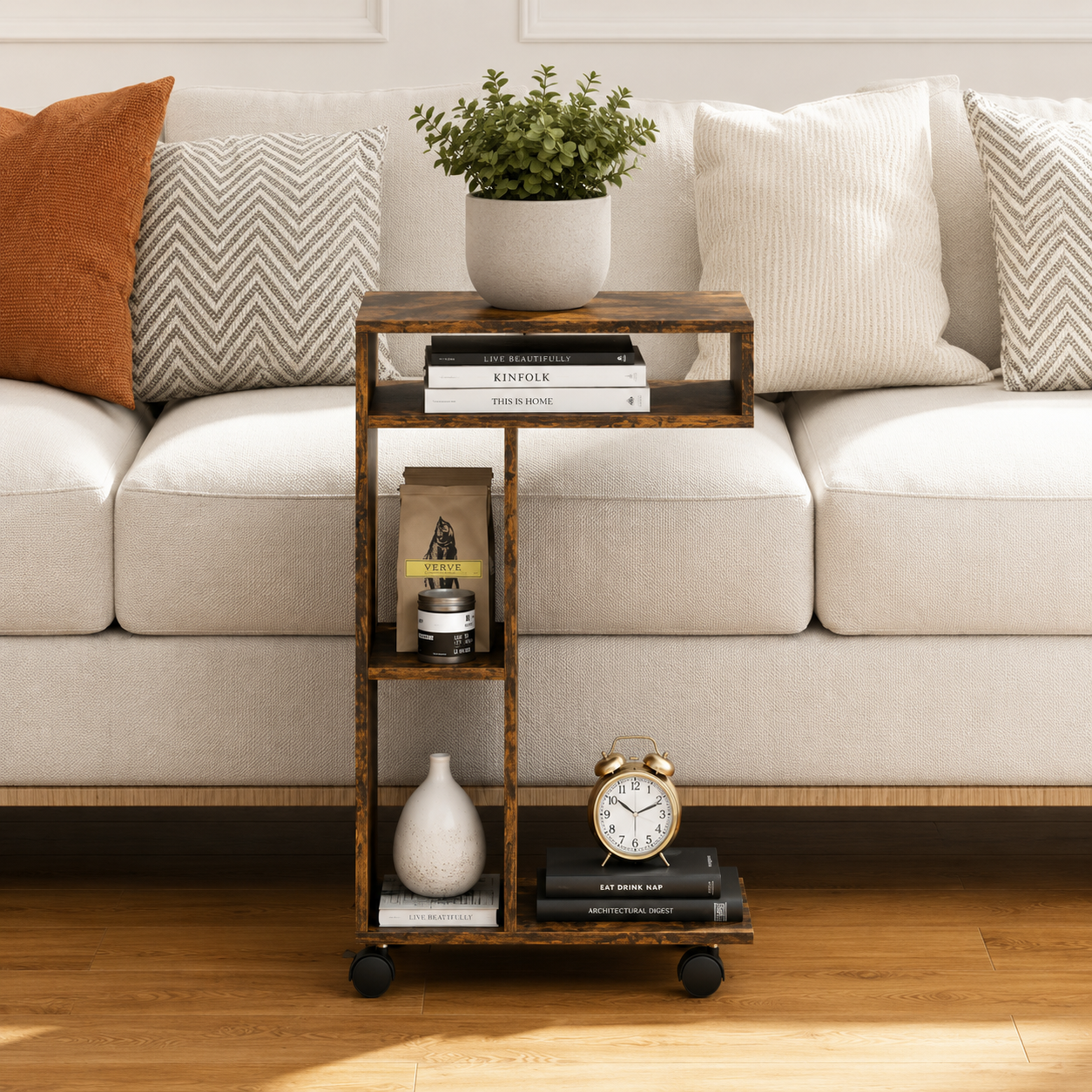 Table d'Appoint en Forme de C – Design Moderne avec Rangements & Roulettes