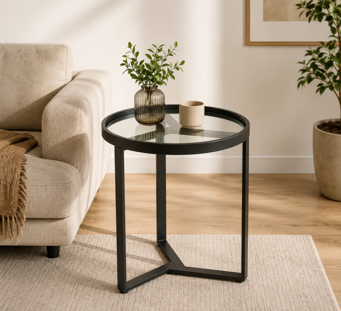 Table d'Appoint Ronde Haut de Gamme – Plateau en Verre Trempé & Structure Géométrique Noire
