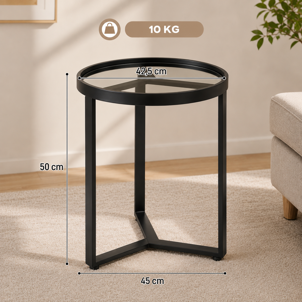Table d'Appoint Ronde Haut de Gamme – Plateau en Verre Trempé & Structure Géométrique Noire