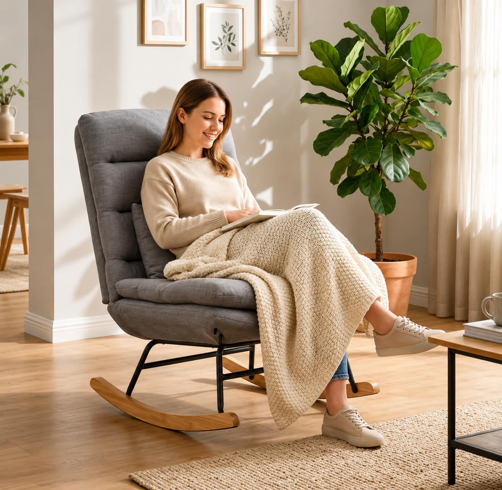 Fauteuil à Bascule Haut de Gamme – Tissu Aspect Lin avec Coussin Lombaire & Double Rembourrage Gris Clair
