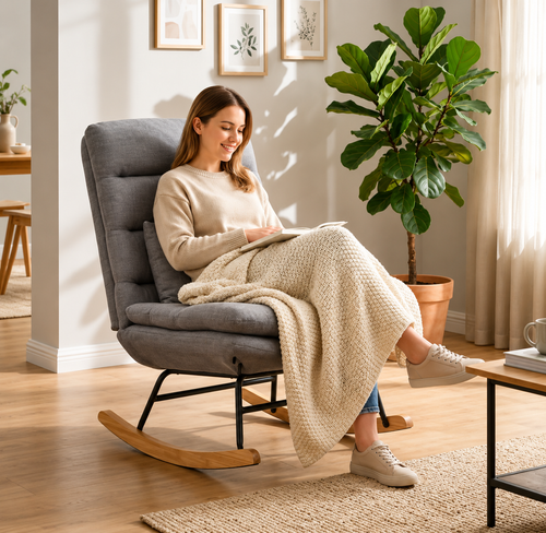 Fauteuil à Bascule Haut de Gamme – Tissu Aspect Lin avec Coussin Lombaire & Double Rembourrage Gris Clair