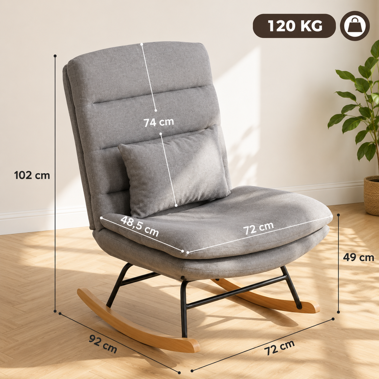 Fauteuil à Bascule Haut de Gamme – Tissu Aspect Lin avec Coussin Lombaire & Double Rembourrage Gris Clair