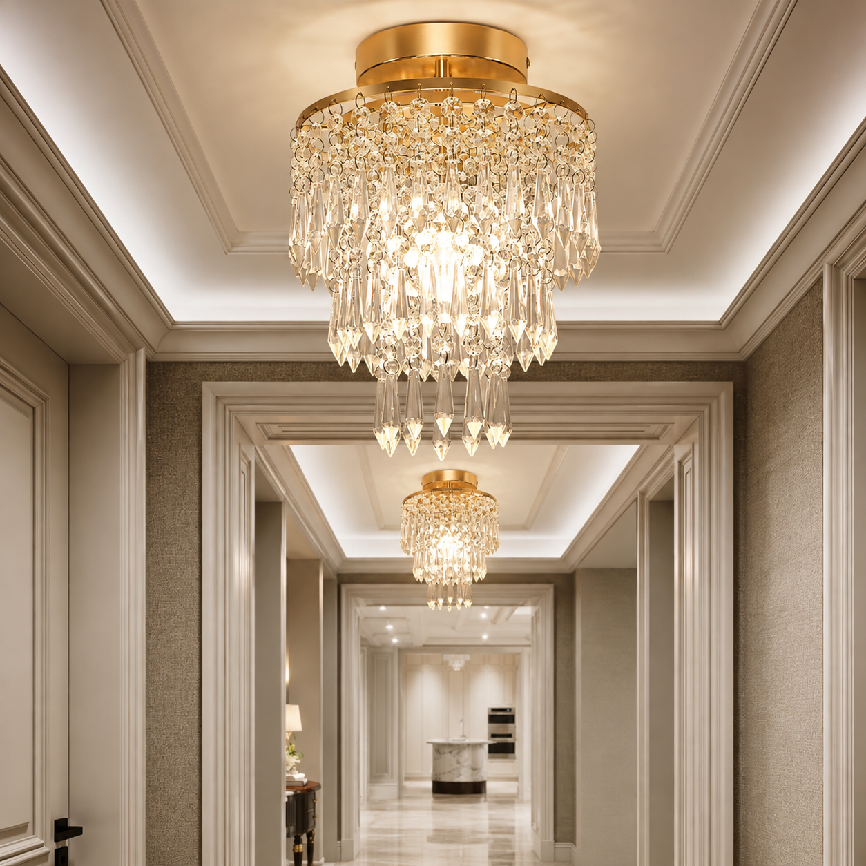 Lustre Plafonnier en Cristal à 3 Niveaux