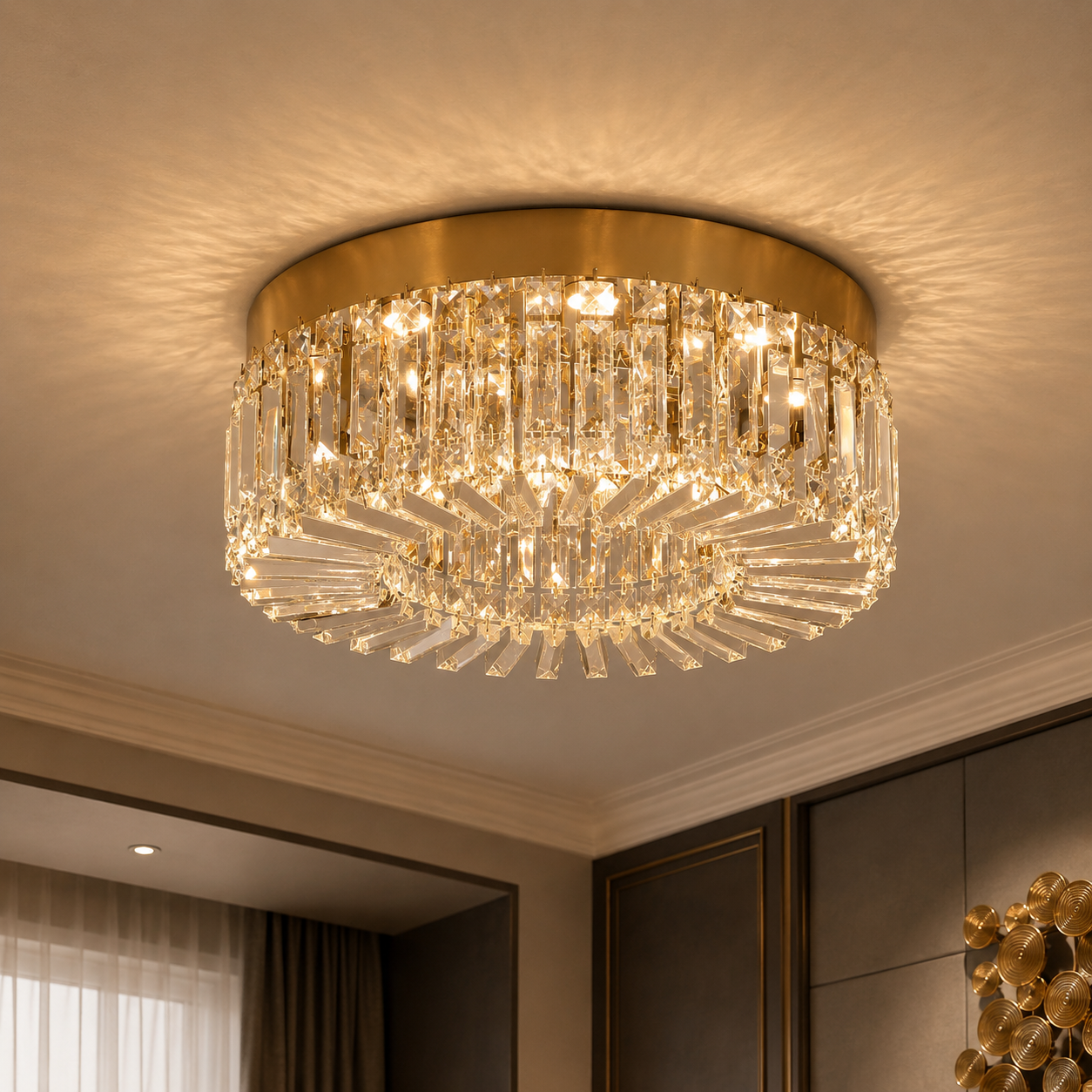 Plafonnier LED Cristal Doré – Élégance Contemporaine