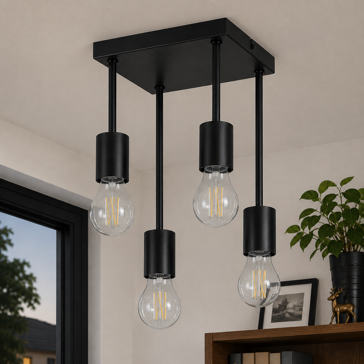 Plafonnier Vintage Noir à 4 Lumières