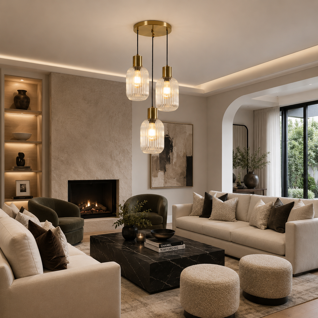 Lustre Suspendu Moderne à 3 Lumières en Verre Doré