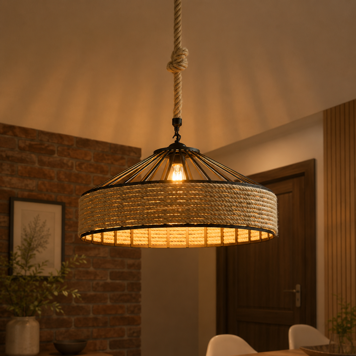 Lampe Suspension Vintage en Corde de Chanvre et Métal