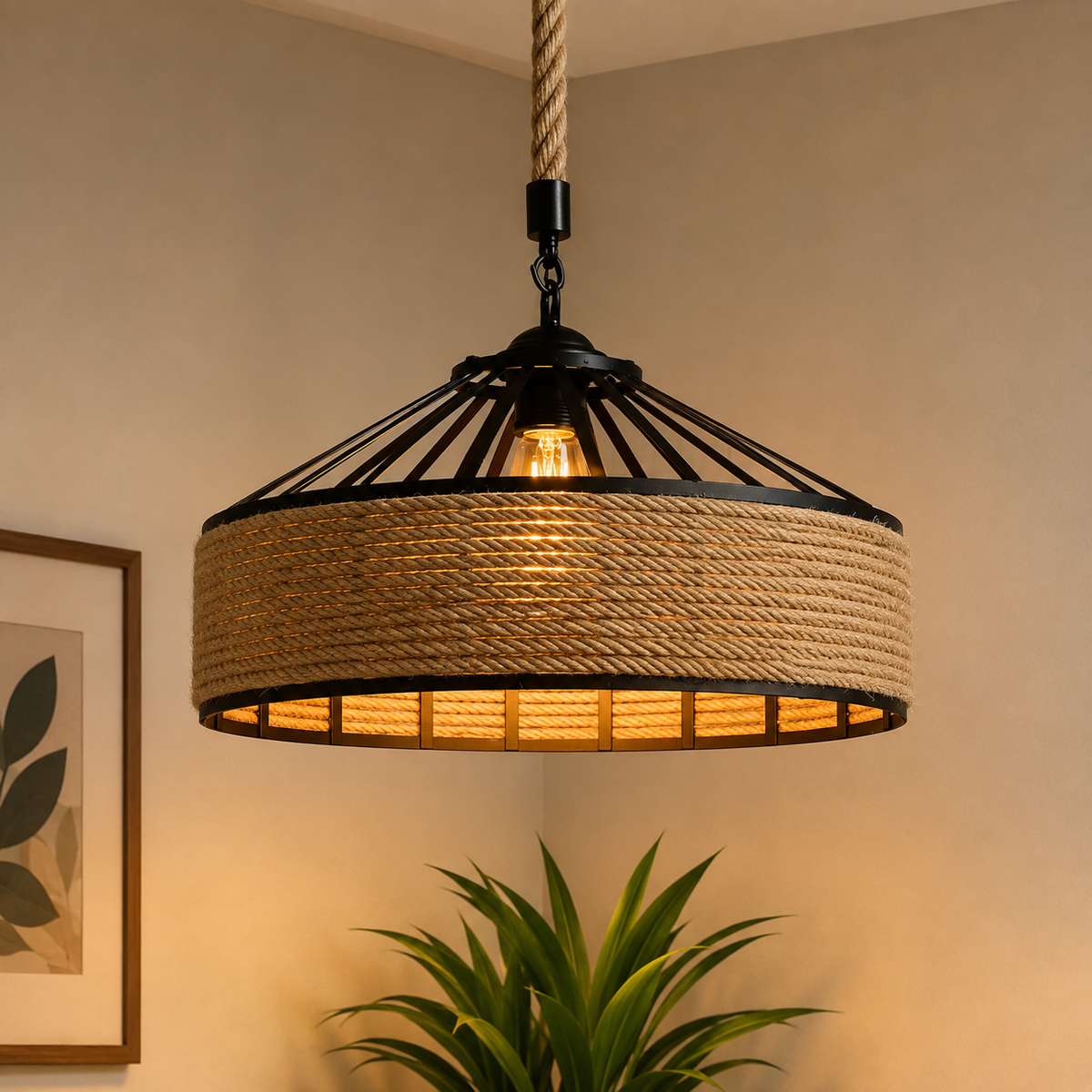 Lampe Suspension Vintage en Corde de Chanvre et Métal