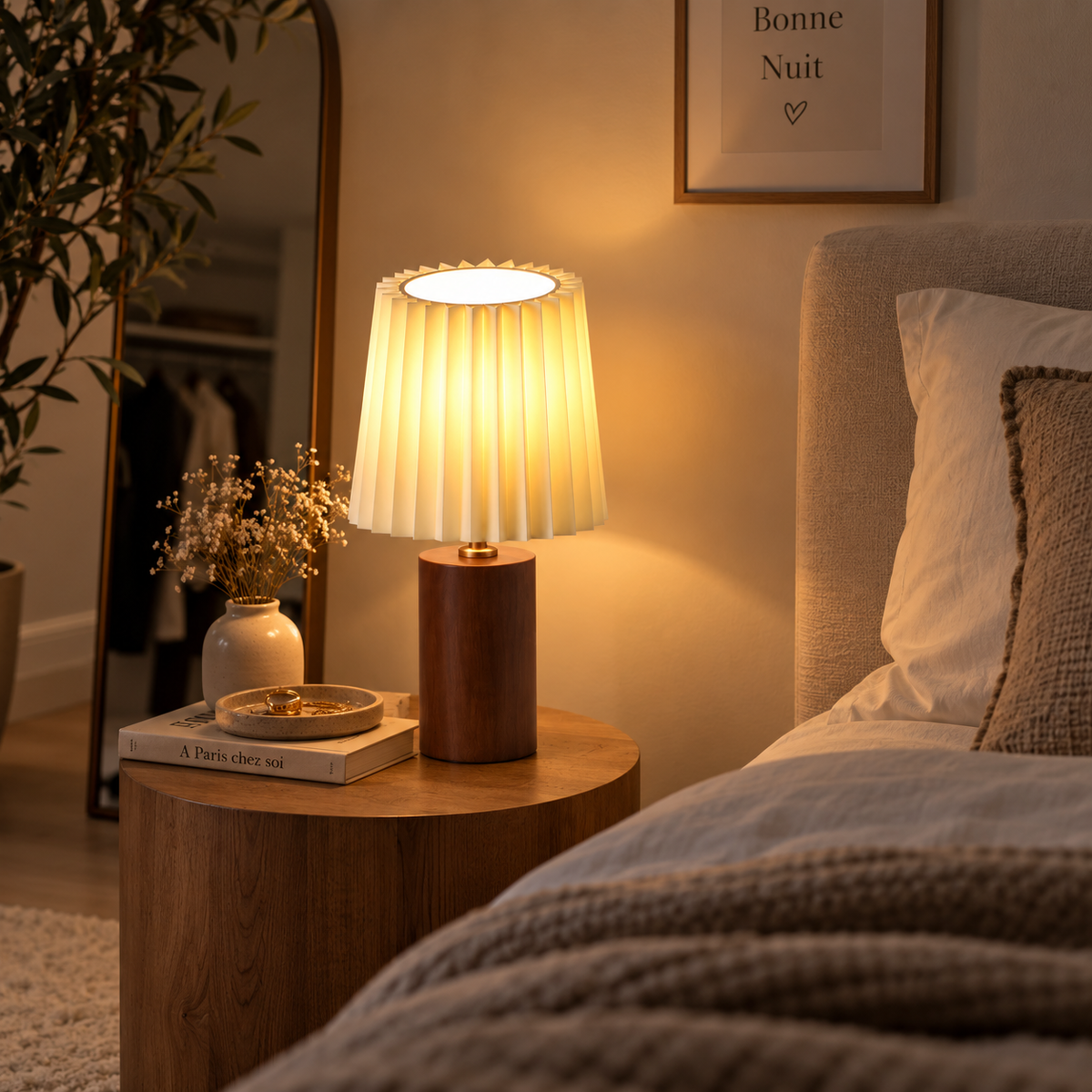 Lampe de Table LED Plissée en Bois – Design Rétro & Lumière d’Ambiance