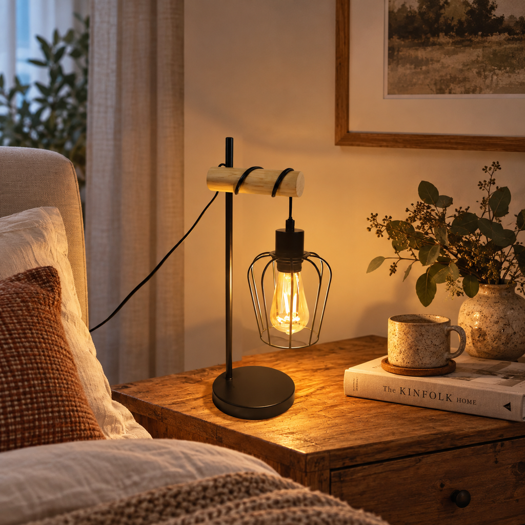 Lampe de Table Vintage en Bois & Métal Noir