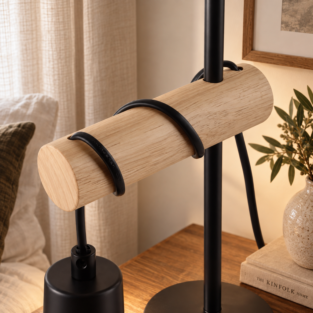 Lampe de Table Vintage en Bois & Métal Noir
