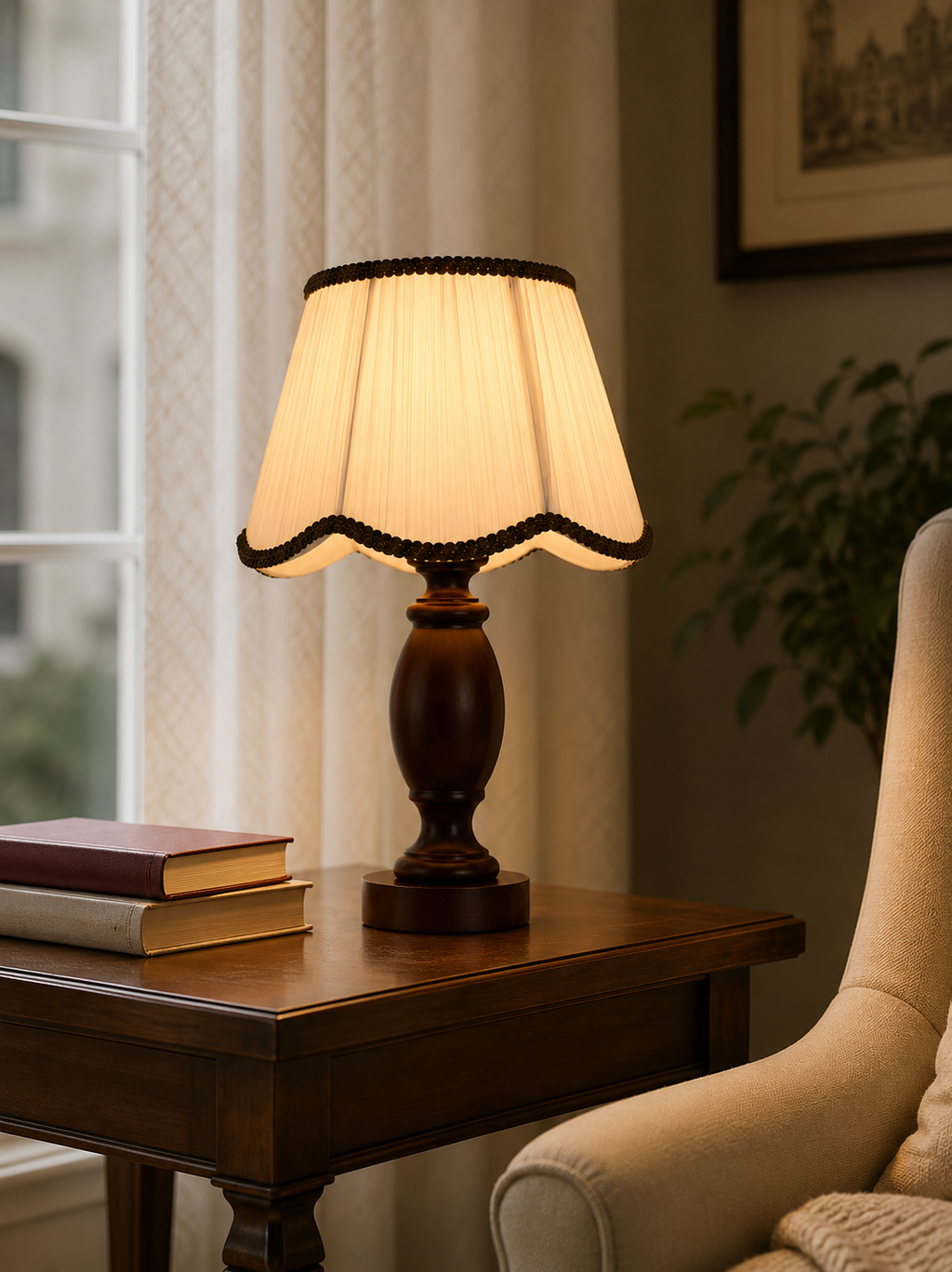 Lampe de Chevet en Bois Massif & Abat-Jour en Tissu