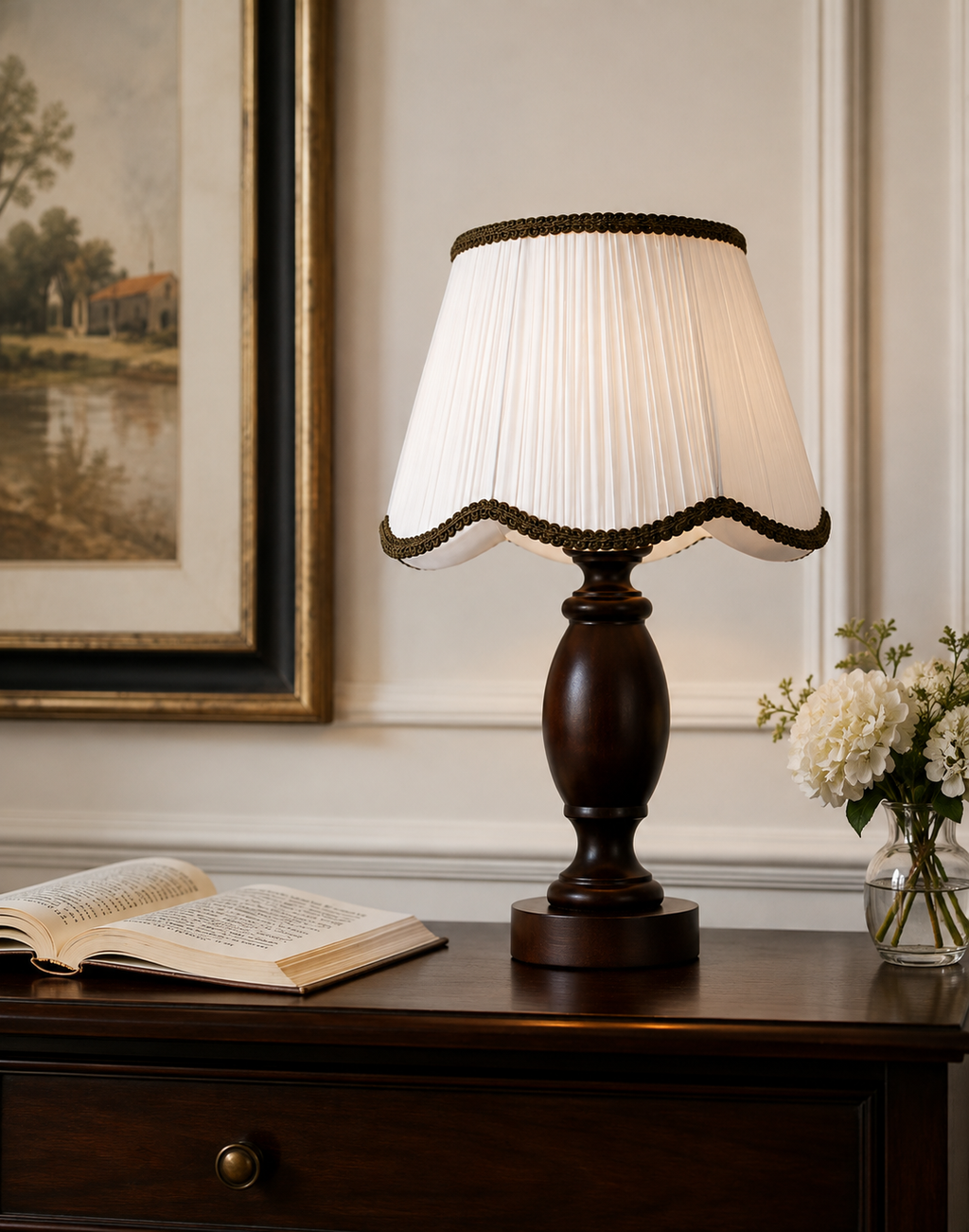 Lampe de Chevet en Bois Massif & Abat-Jour en Tissu