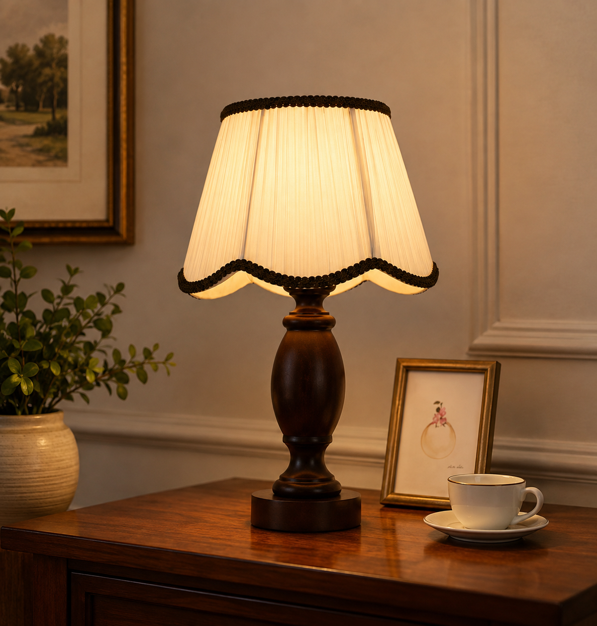 Lampe de Chevet en Bois Massif & Abat-Jour en Tissu