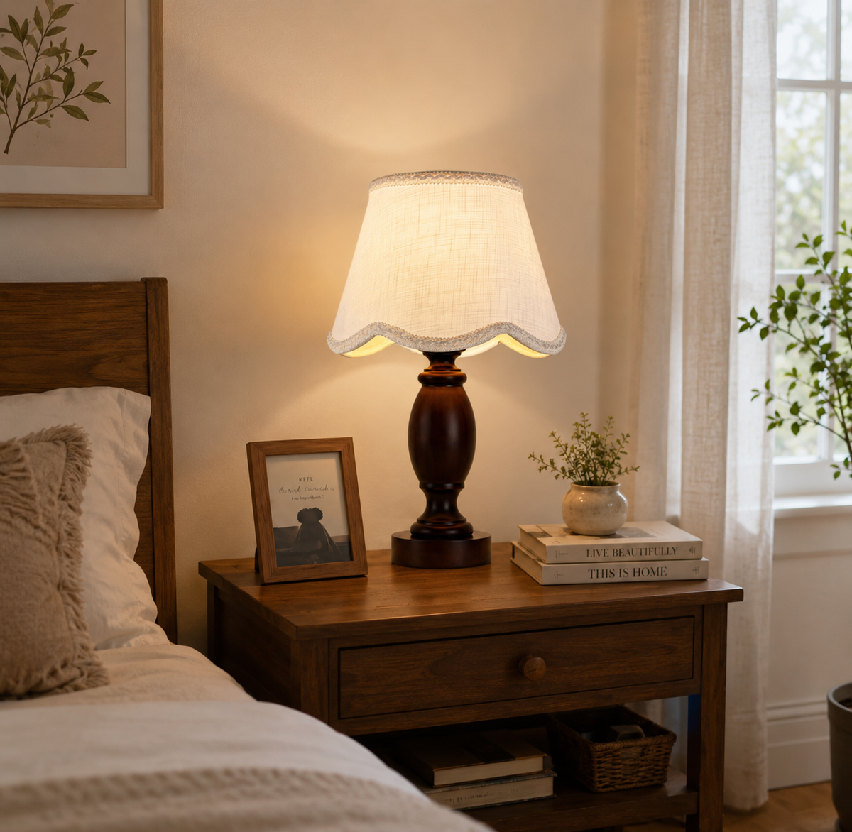 Lampe de Chevet en Bois Massif & Tissu