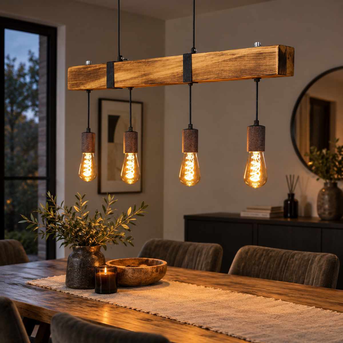 Suspension Vintage en Bois 80 cm – 4 Lumières