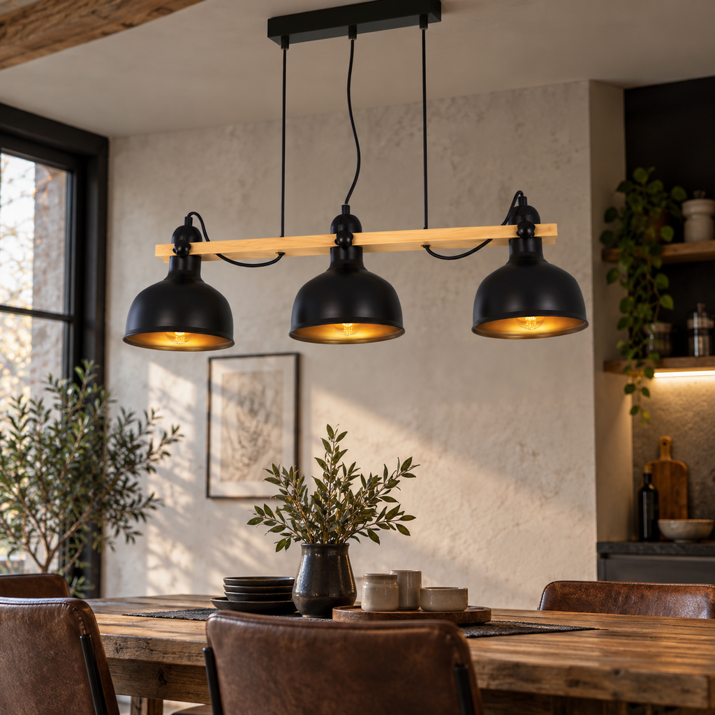 Suspension Vintage en Bois & Métal Noir – 3 Lumières E27