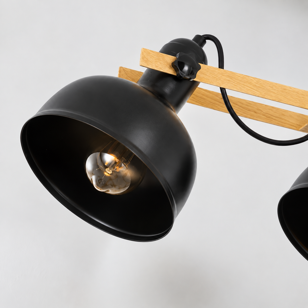 Suspension Vintage en Bois & Métal Noir – 3 Lumières E27