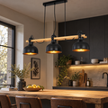 Suspension Vintage en Bois & Métal Noir – 3 Lumières E27