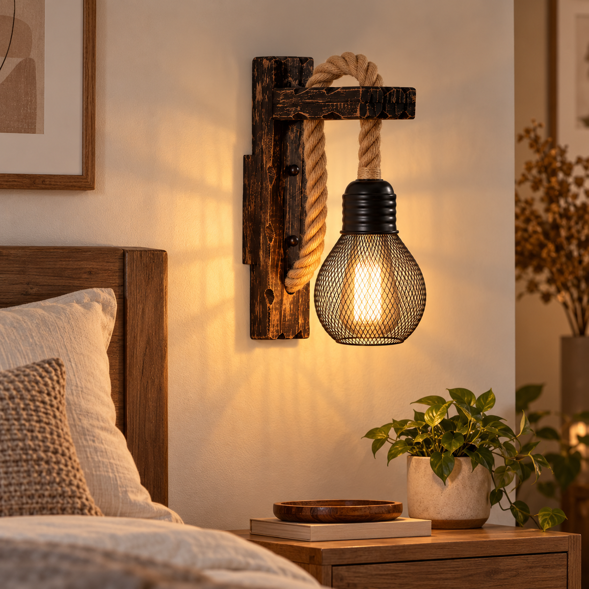 Applique Murale Vintage en Bois & Corde de Chanvre – Style Loft