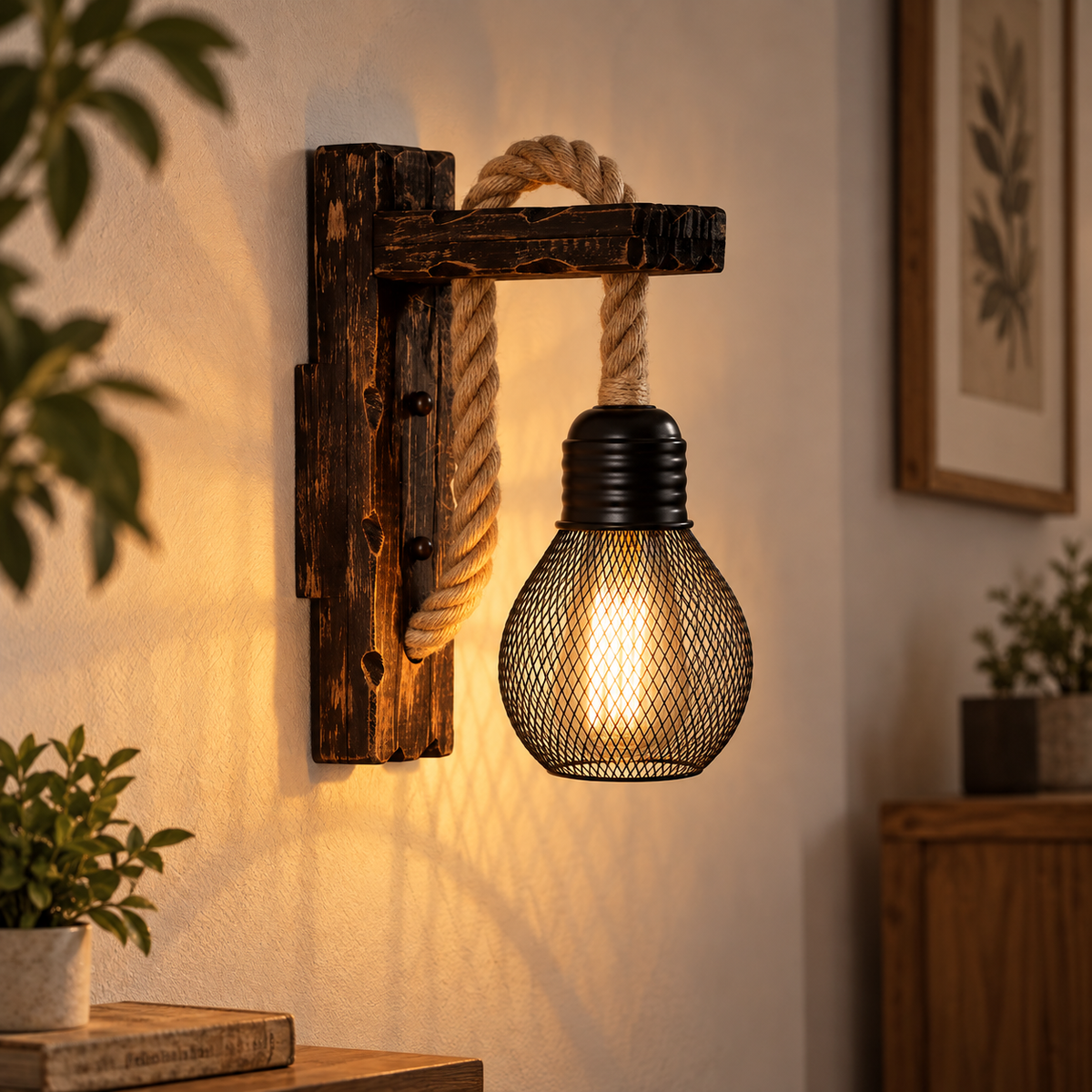 Applique Murale Vintage en Bois & Corde de Chanvre – Style Loft