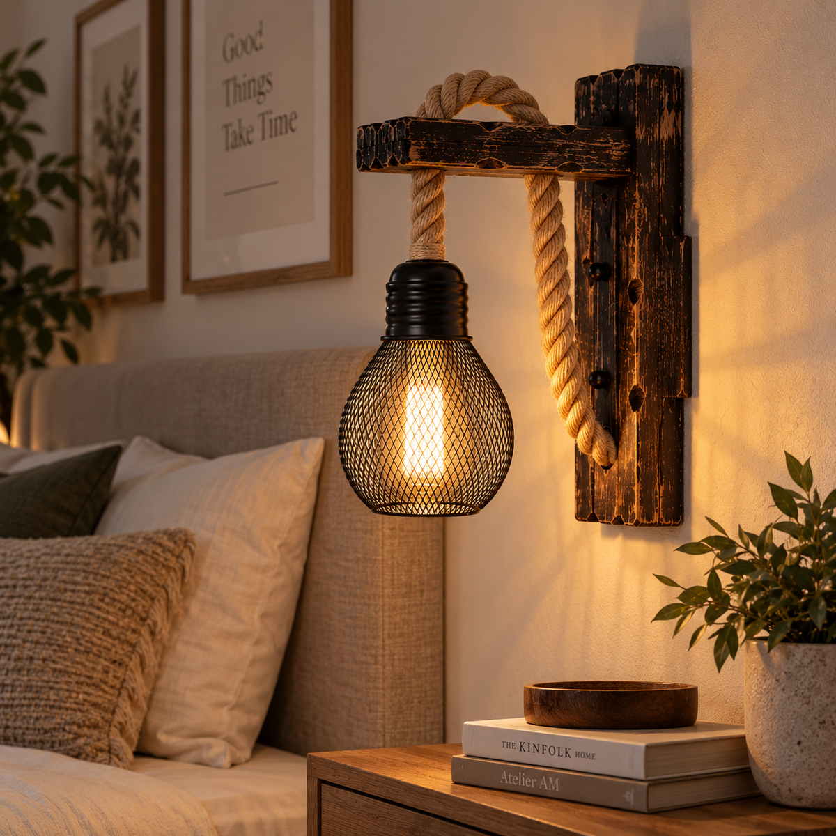 Applique Murale Vintage en Bois & Corde de Chanvre – Style Loft