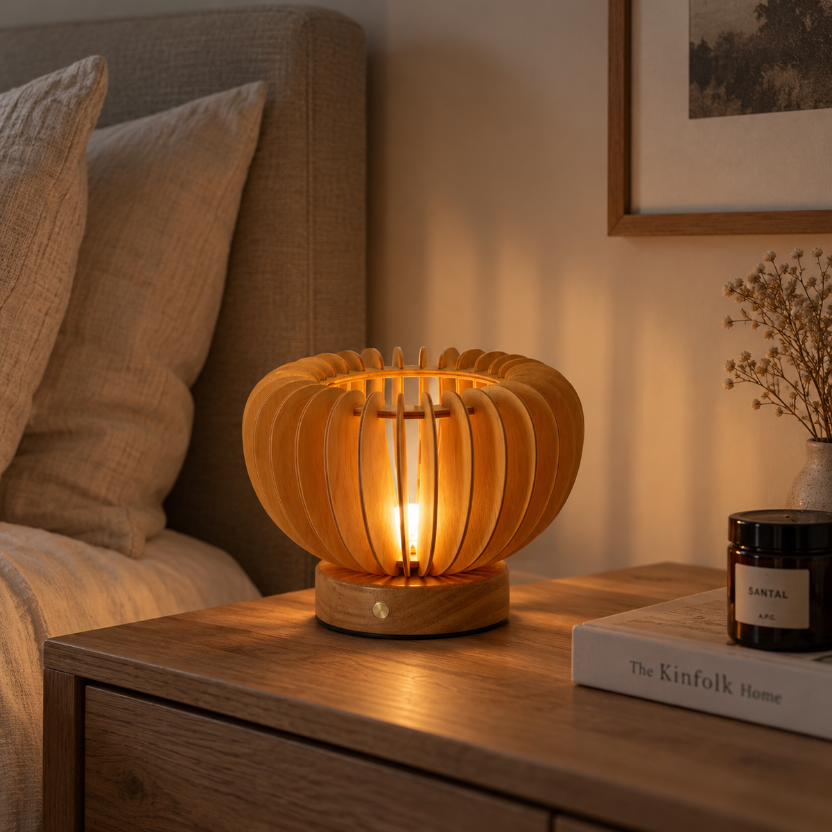 Lampe de Table Nordique Plissée en Bois – Design Artistique