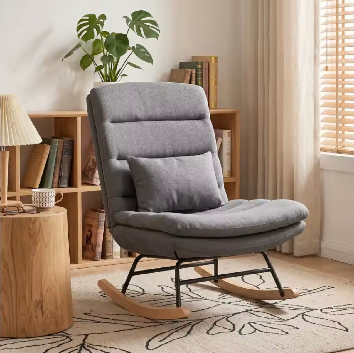 Fauteuil à Bascule Haut de Gamme – Tissu Aspect Lin avec Coussin Lombaire & Double Rembourrage Gris Clair