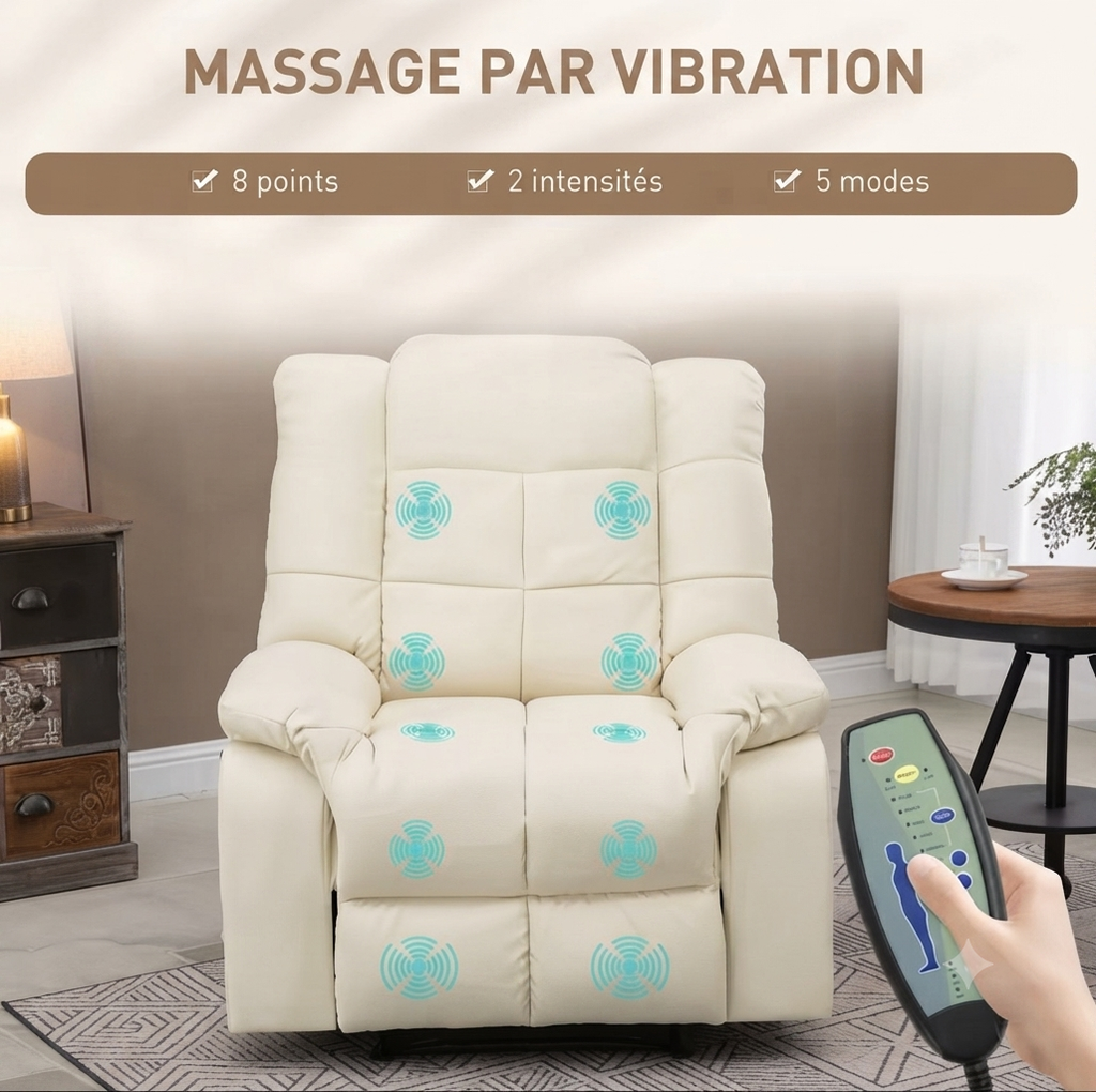 Fauteuil de Massage Électrique Inclinable Haut de Gamme – Cuir Premium Blanc Crème