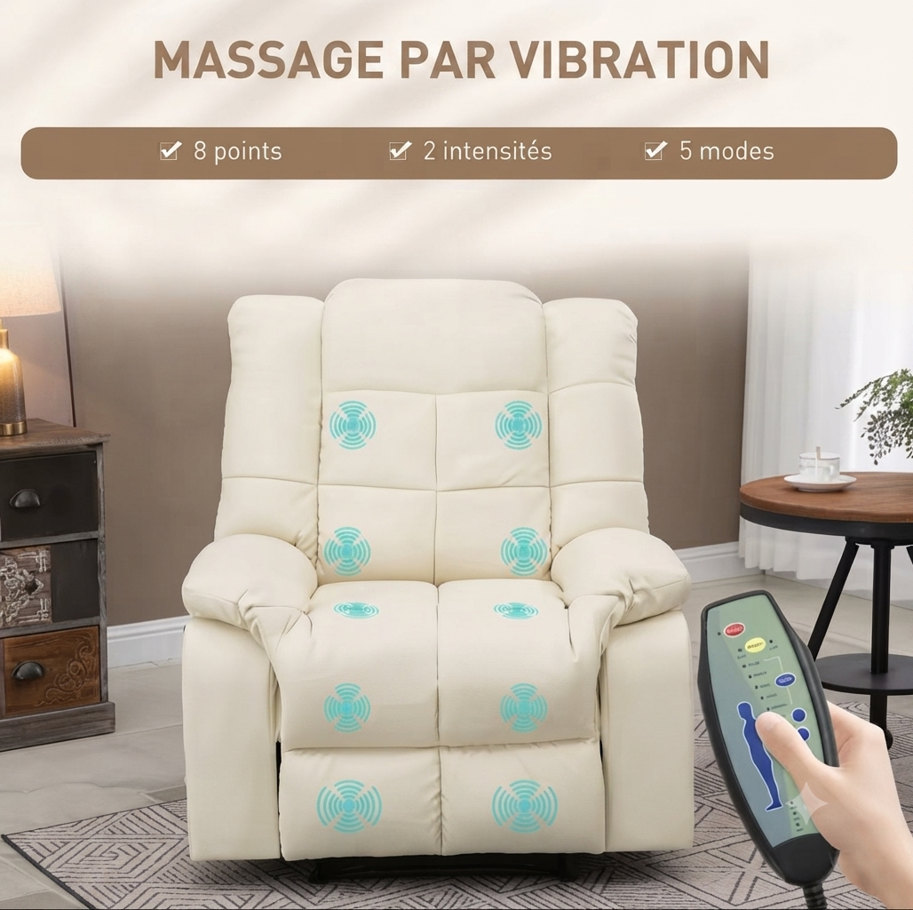 Fauteuil de Massage Électrique Inclinable Haut de Gamme – Cuir Premium Blanc Crème