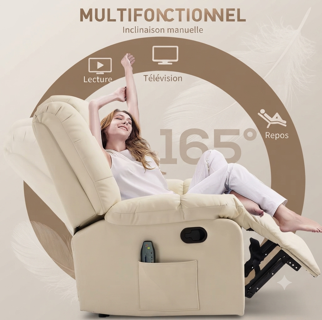 Fauteuil de Massage Électrique Inclinable Haut de Gamme – Cuir Premium Blanc Crème