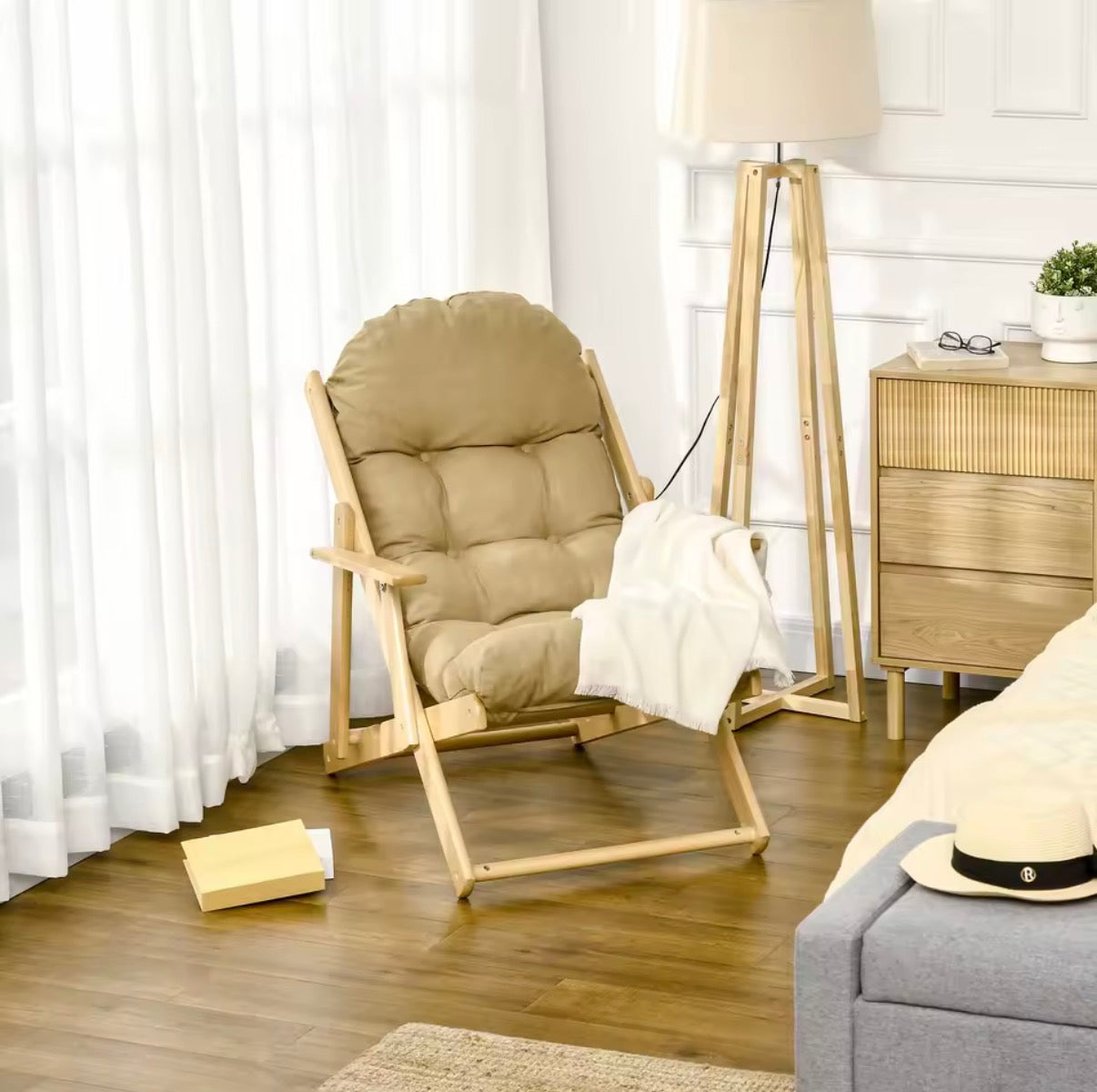 Fauteuil Inclinable Pliable Haut de Gamme – Aspect Lin & Structure en Bois de Hêtre Marron