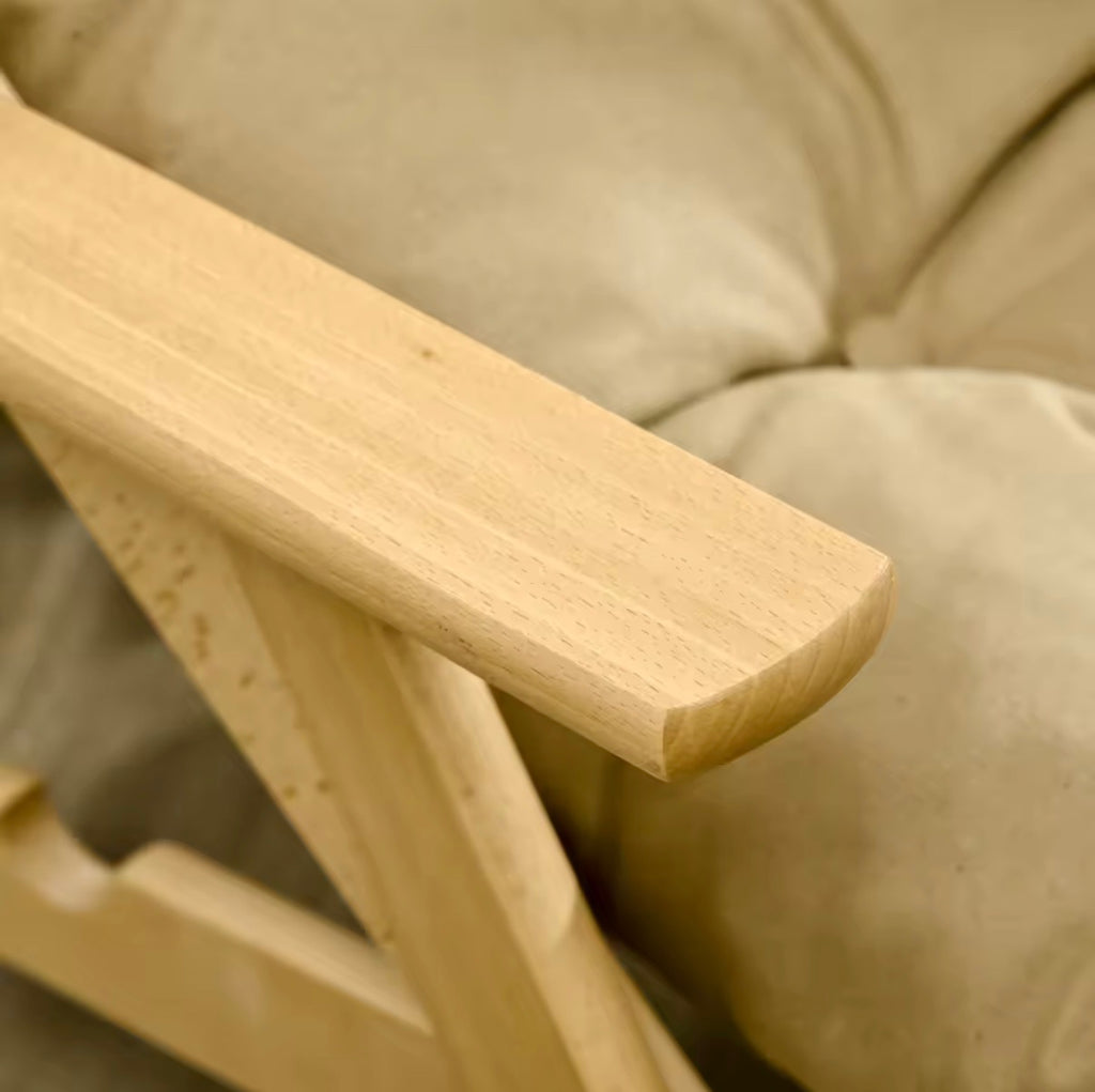 Fauteuil Inclinable Pliable Haut de Gamme – Aspect Lin & Structure en Bois de Hêtre Marron