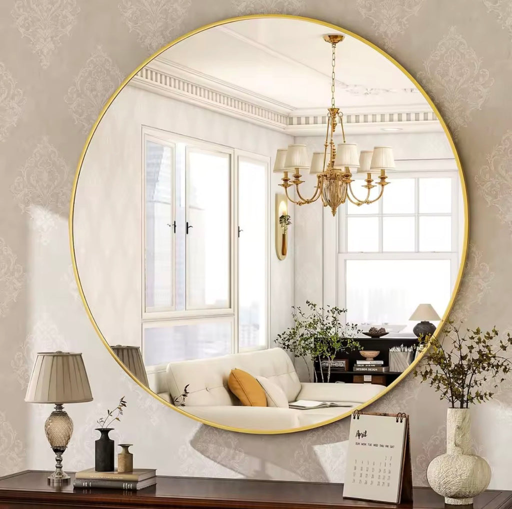 Miroir Mural Rond Haut de Gamme Cadre Aluminium Doré