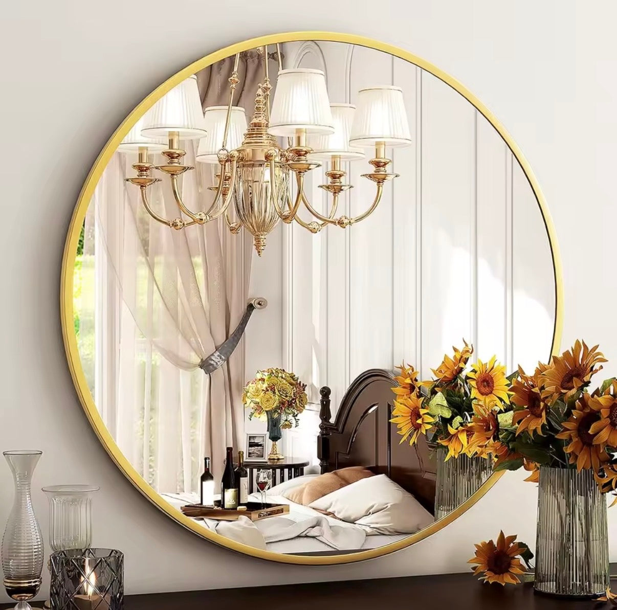 Miroir Mural Rond Haut de Gamme Cadre Aluminium Doré